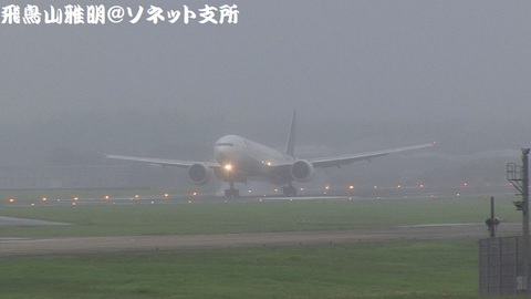 タイ国際航空 HS-TKJ＠成田国際空港（Bラン展望台より）。RWY34Rにタッチダウンする瞬間。濃霧で見通し悪し。