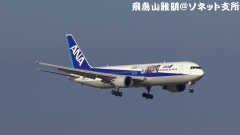 RWY22にアプローチする、全日本空輸のJA601A「『坂の上の雲』ラッピングジェット」＠東京国際空港。京浜島つばさ公園より。