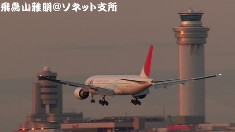 日本航空 JA701J＠東京国際空港（浮島町公園より）。2本のタワー（管制塔）を絡めたキャプチャ。