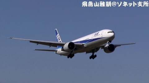 全日本空輸 JA783A＠成田国際空港（さくらの山公園より）。RWY16Rへのファイナルアプローチ。パリからのNH206便。