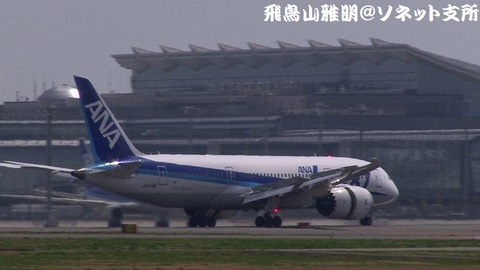 着陸滑走中のJA804A。国際線旅客ターミナルをバックに…。