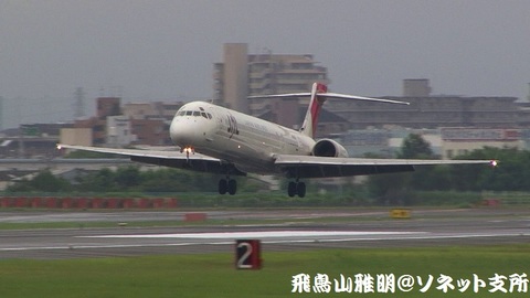 日本航空 JA8062＠大阪国際空港（伊丹スカイパークより）。もうまもなくRWY32Lに着陸…。