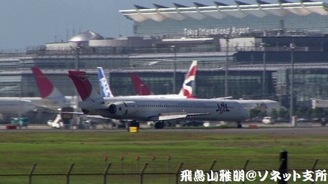着陸滑走中のJA8066。国際線旅客ターミナルをバックに…。