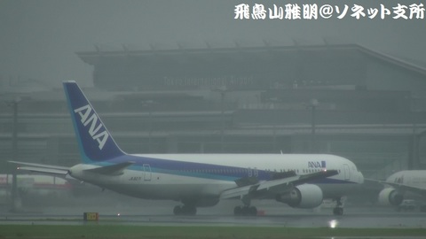 着陸滑走中のJA8271。国際線旅客ターミナルをバックに…。
