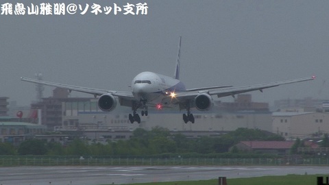 全日本空輸 JA8969＠大阪国際空港（伊丹スカイパークより）。もうまもなくRWY32Lに着陸……その様子のキャプチャ。
