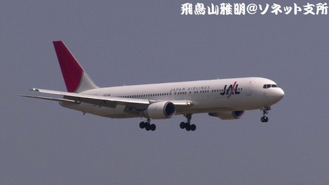 日本航空 JA8976＠東京国際空港（京浜島つばさ公園より）。RWY22へのファイナルアプローチ。