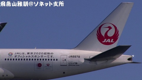 JA8978・機体後方のアップ。『JALは、東京2020招致のオフィシャルスポンサーです。』と記されております。